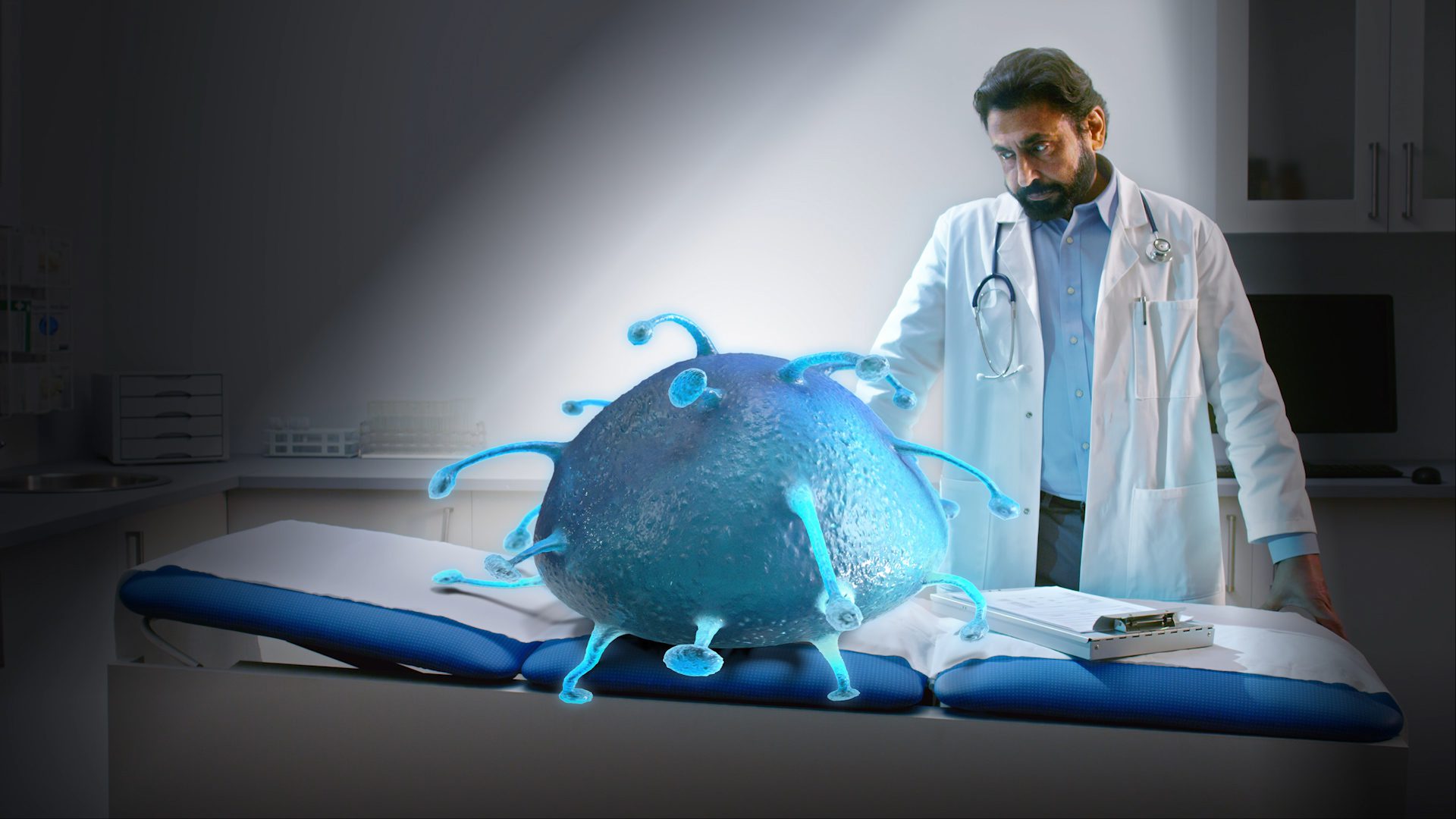 Campaign still sample Flu Photoshoot with a HCP in consultation with a CG Flu virus, which looks deflated on a examination bench
